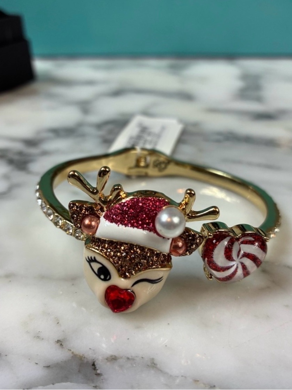 NWT Betsey Johnson Holiday Reindeer Enamel Bracelet with Pearl Accents